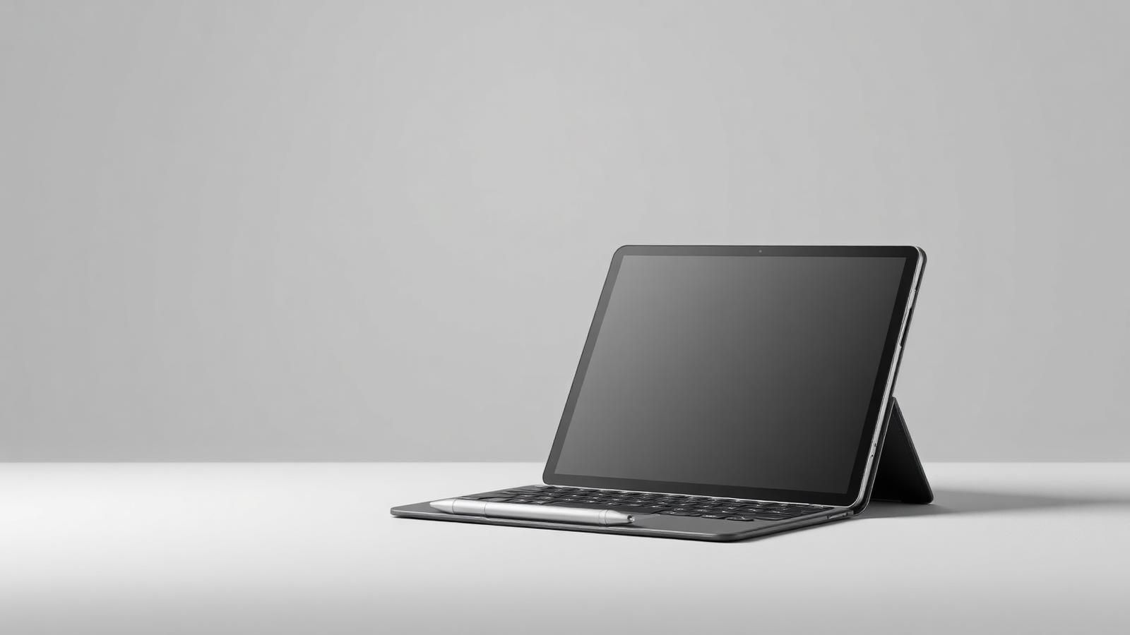 Tablet with a detachable keyboard and stylus on a studio background