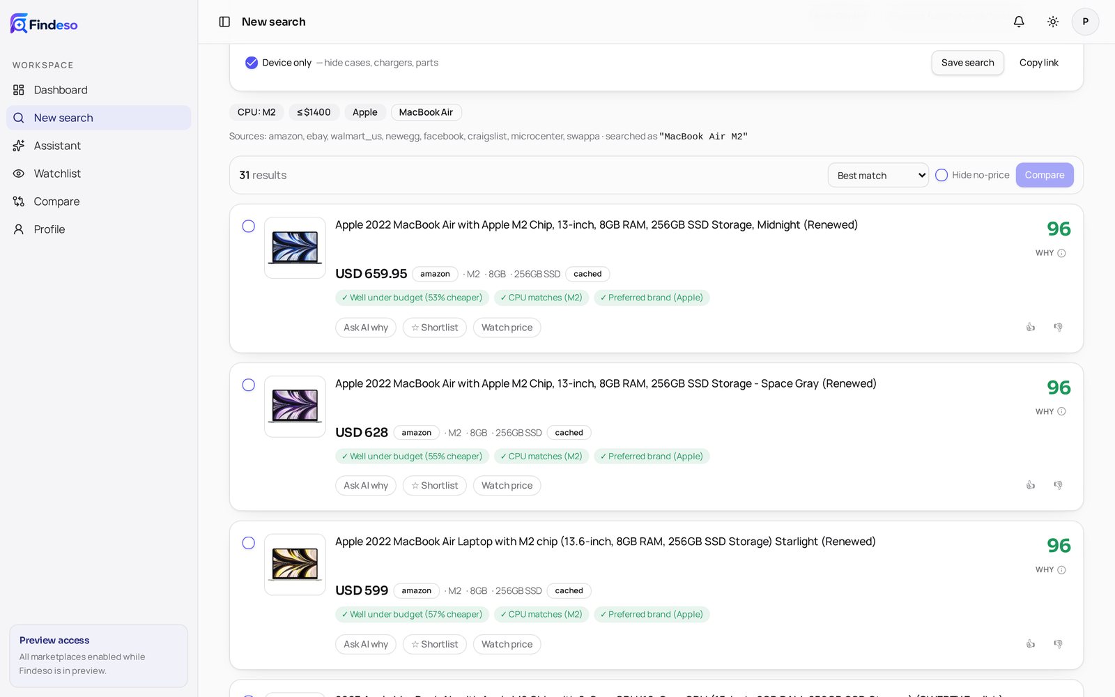 Findeso search results on desktop: MacBook Air M2 listings with match scores, prices, detected specs and scoring reasons