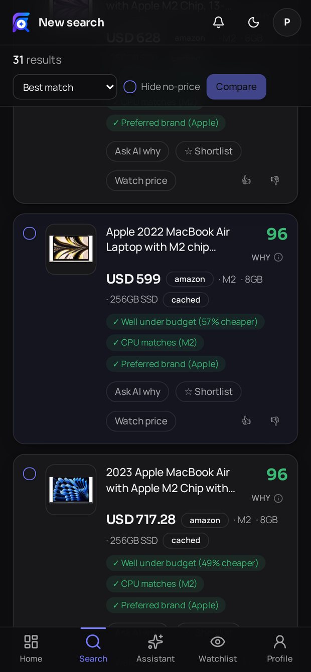 Findeso search results on a phone in dark mode, with match scores and a bottom navigation bar